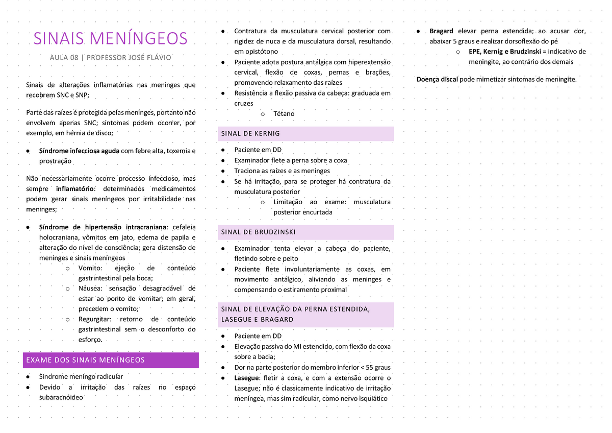 Aula 4. Sinais e Manobras Meningorradiculares (Fundo Branco), PDF, Meningite