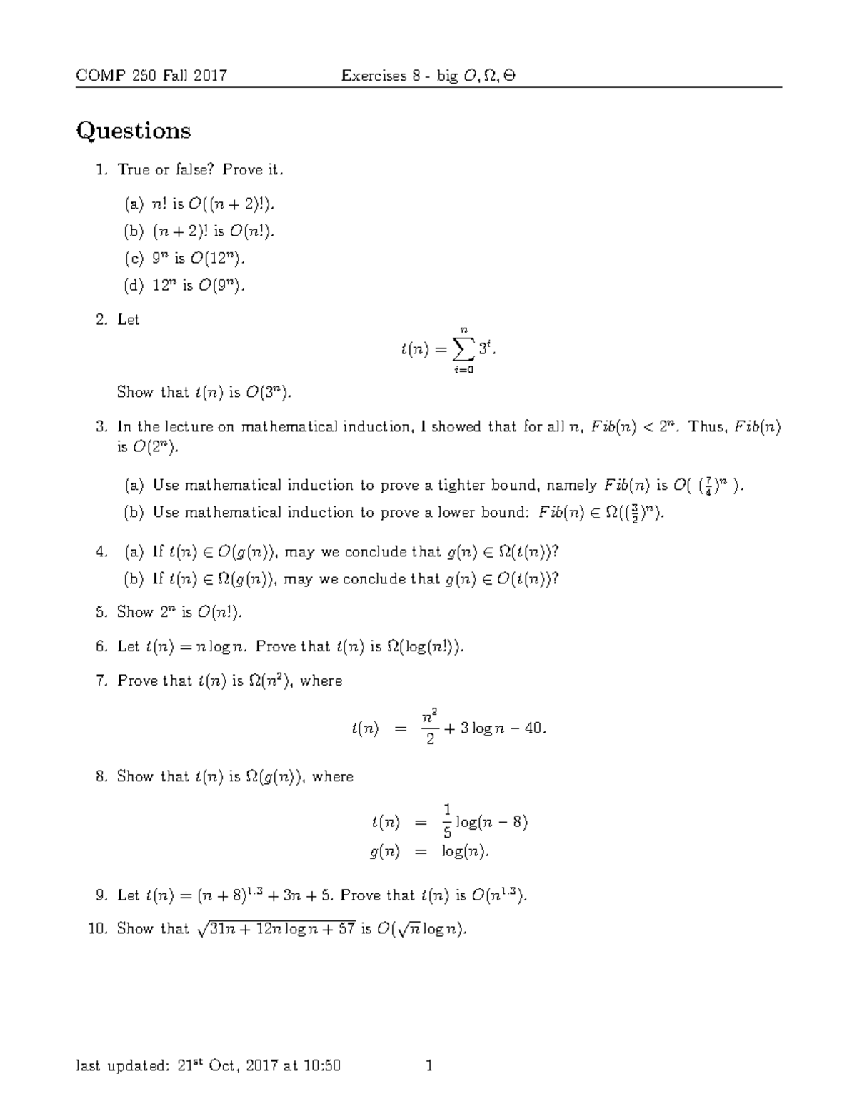 E8-big O - mhmmm smegme - Questions True or false? Prove it. (a) n! isO ...