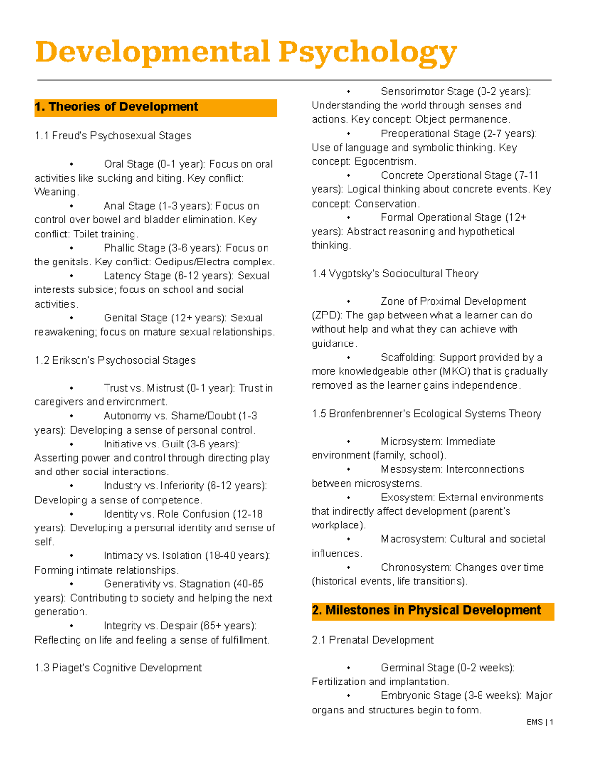Dev Psych - Additional Reviewer - Developmental Psychology 1. Theories ...