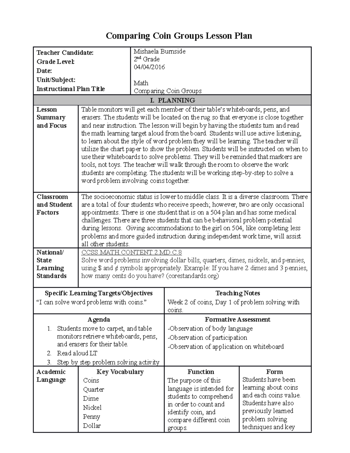 SPD200 Exemplary Math Lesson Plan (MB) Comparing Coin Groups Lesson