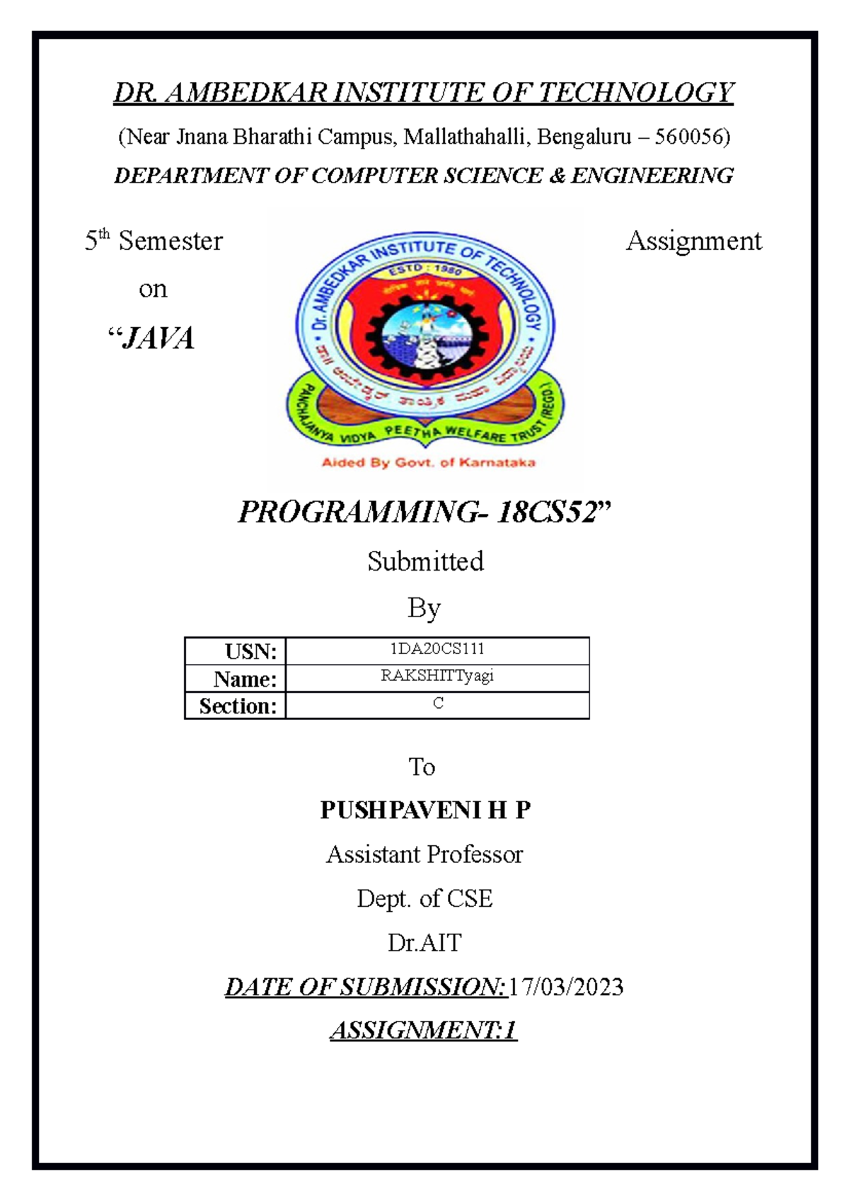 Java assignment - my project - DR. AMBEDKAR INSTITUTE OF TECHNOLOGY ...