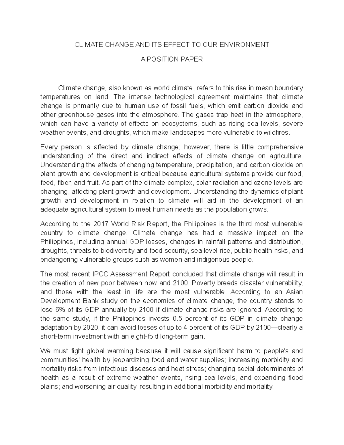 Climate - none - CLIMATE CHANGE AND ITS EFFECT TO OUR ENVIRONMENT A ...