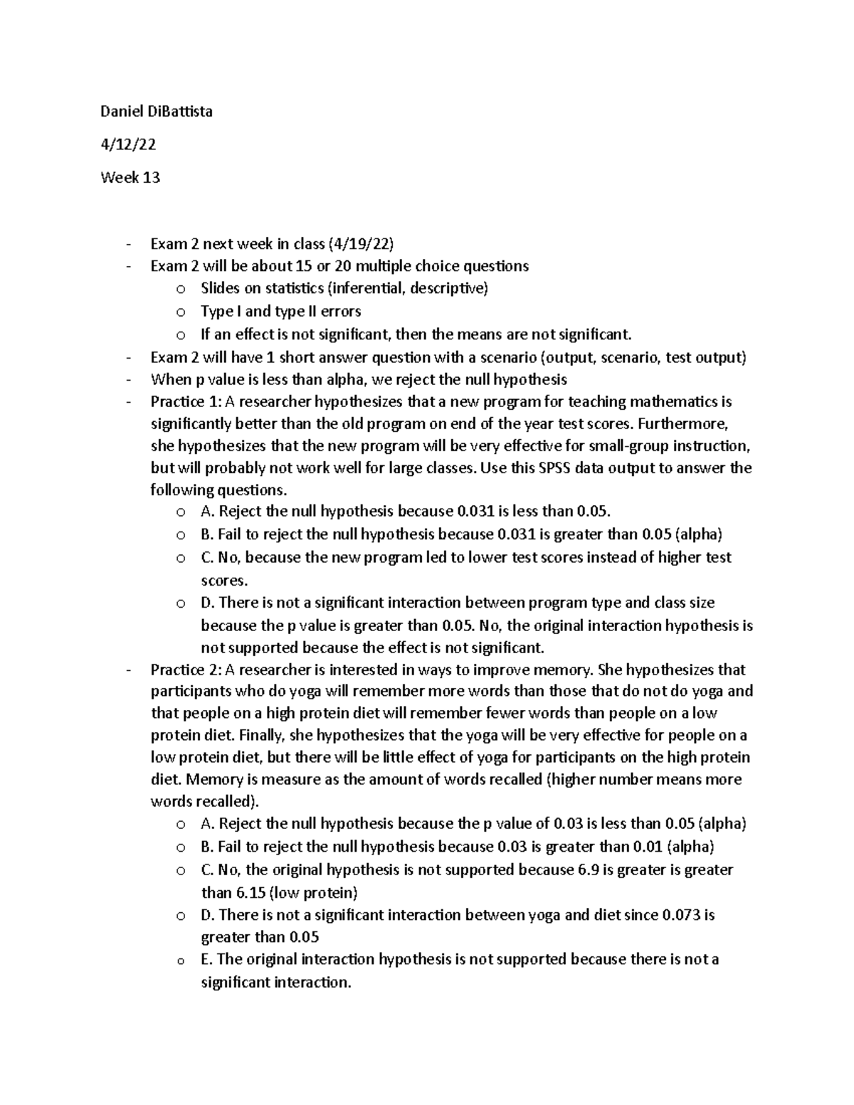 Week 13 - Rachel bowman - Daniel DiBattista 4/12/ Week 13 Exam 2 next ...