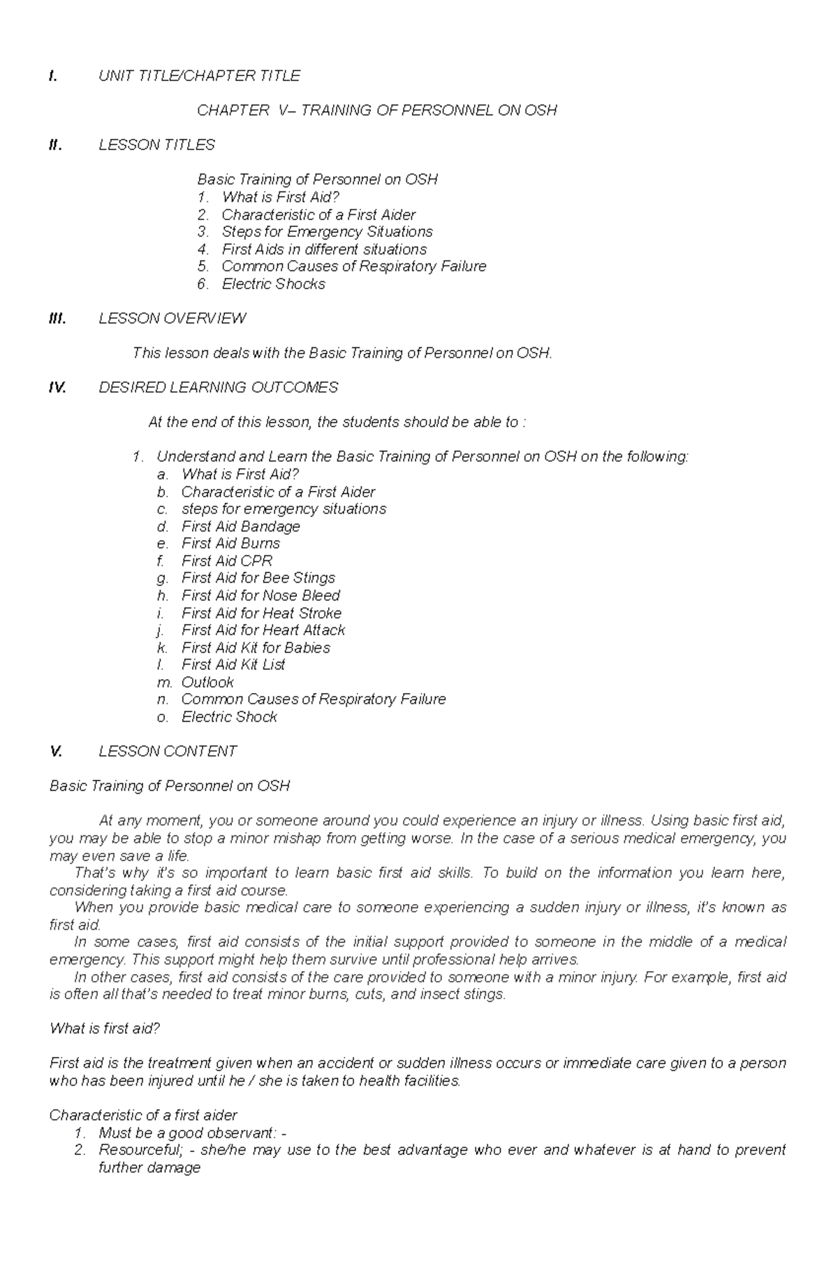 BOSH 5 - This lesson deals with the Basic Training of Personnel on OSH ...