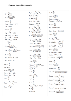 Formula Sheet Electronics 1 2021   EEE150S   Formula Sheet (Electronics