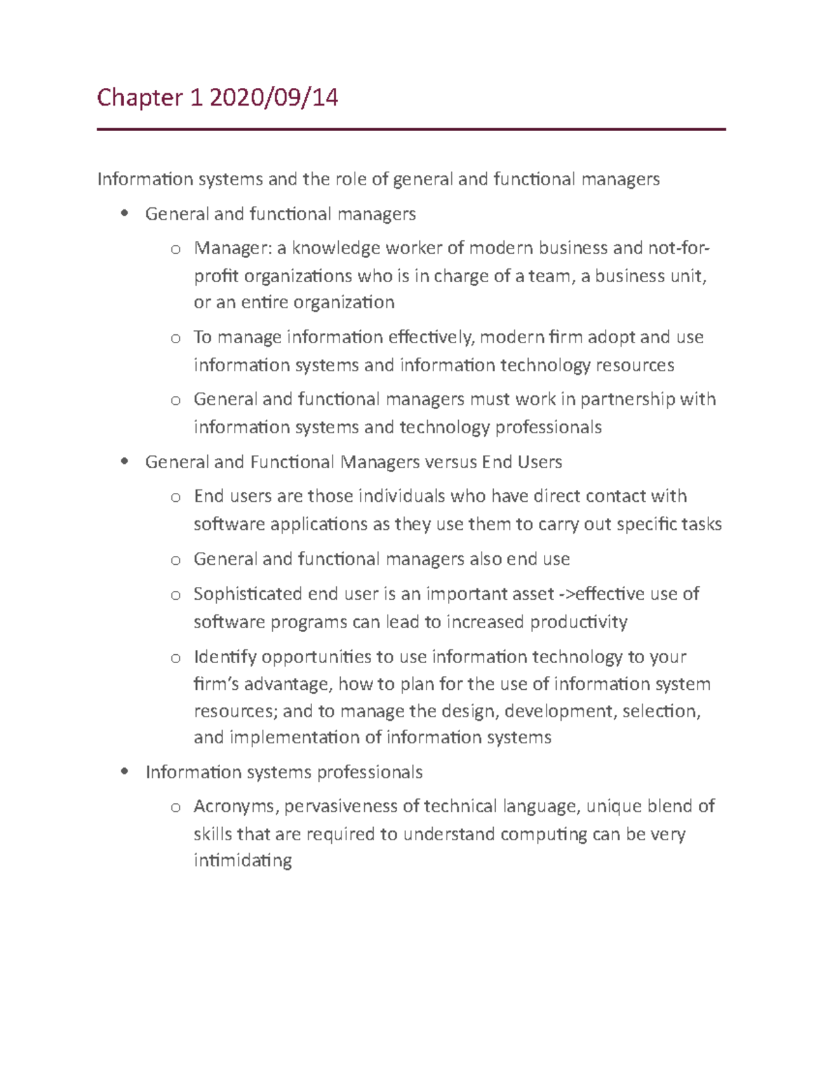 Chapter 1 Textbook Notes - Chapter 1 2020/09/ Informaion systems and ...