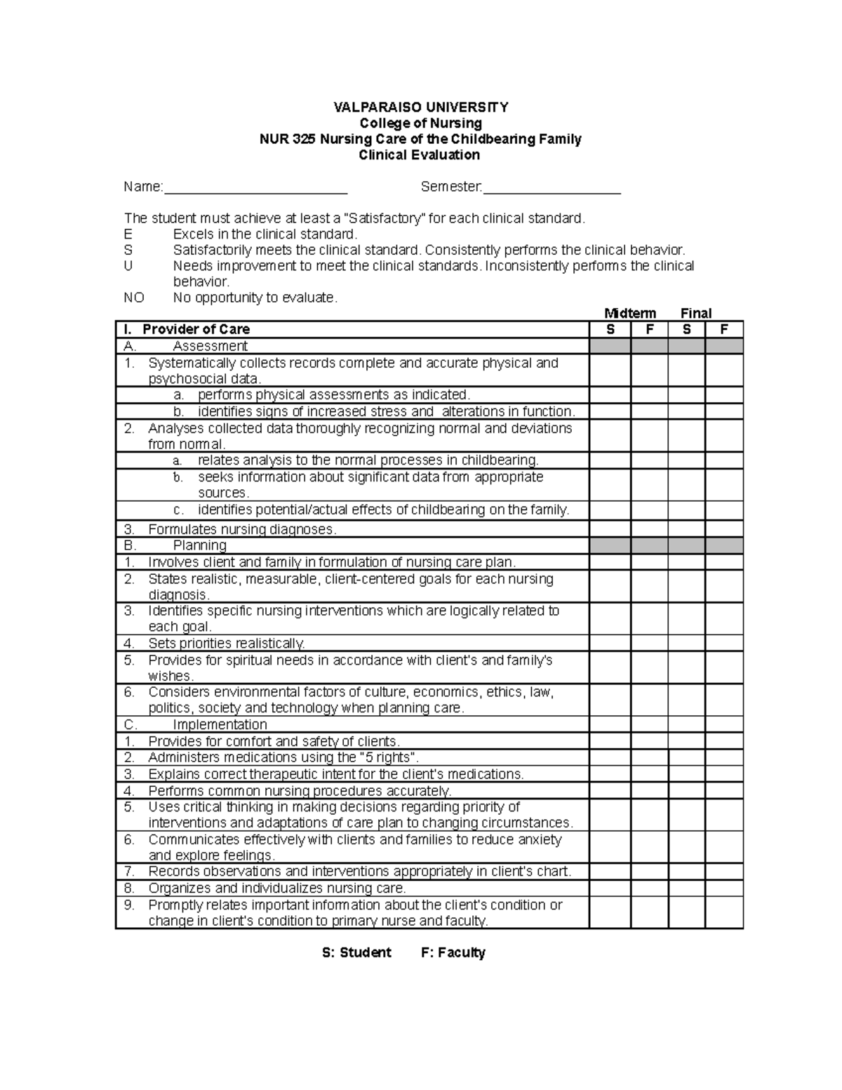 NUR 325 Clinical Evaluation - VALPARAISO UNIVERSITY College of Nursing ...