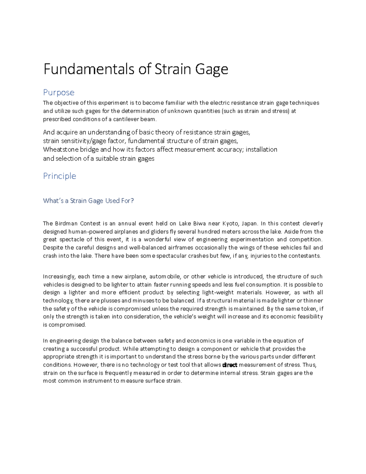 Strain Gauge Experiment Report Fundamentals of Strain Gage Purpose