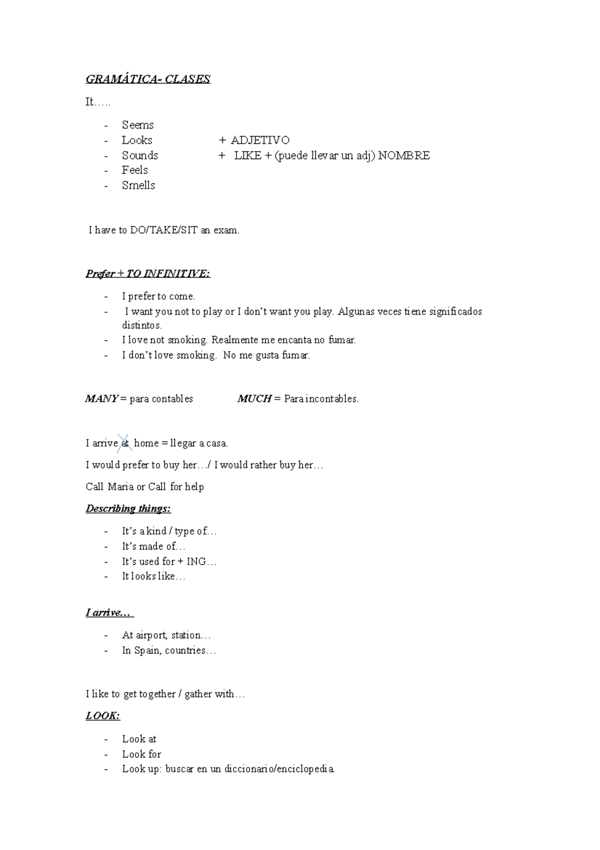 English Grammar - Apuntes Inglés B1 - GRAMÁTICA- CLASES It..... - Seems ...