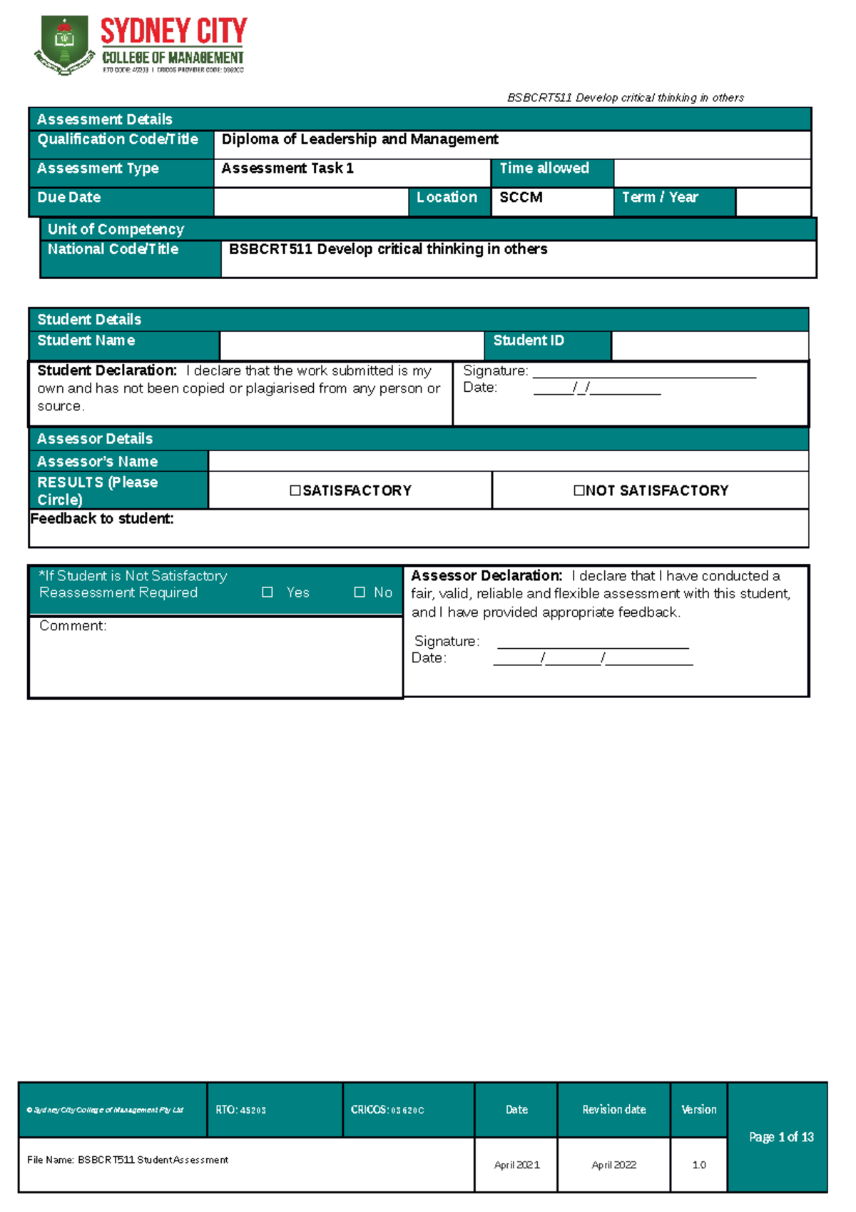 Bsbcrt 511 Student Assessment Tasks 1 - Web Designing - Studocu