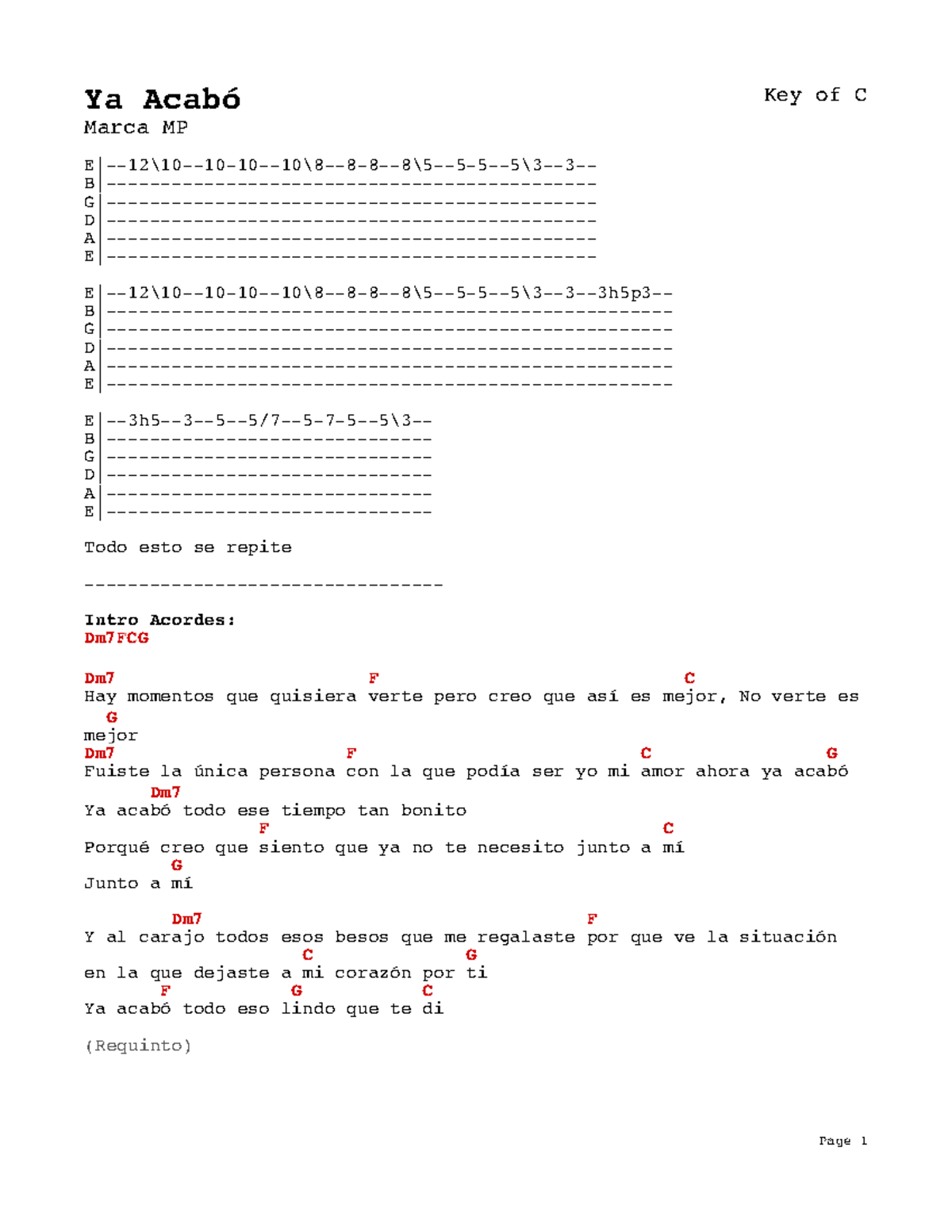 Ya Acabó cancion ya acabo Page 1 Ya Acabó Key of C Marca MP Studocu