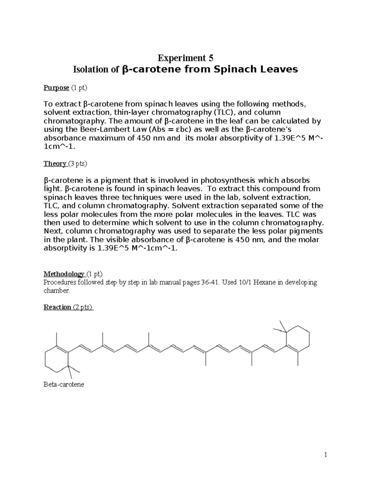 Lab Report Experiment 5 - Experiment 5 Isolation Of β-carotene From ...