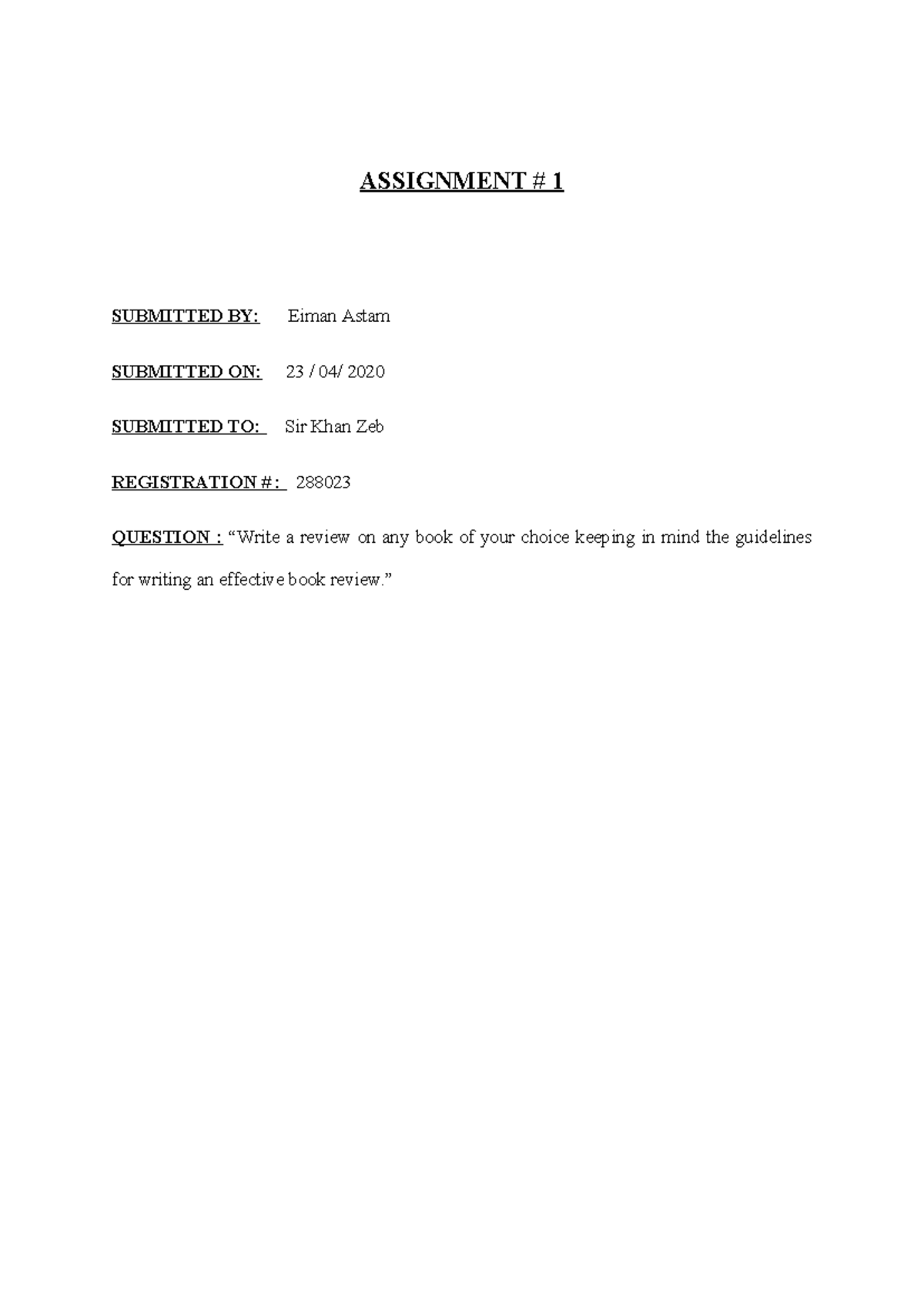 English Literature book review - ASSIGNMENT # 1 SUBMITTED BY: Eiman ...