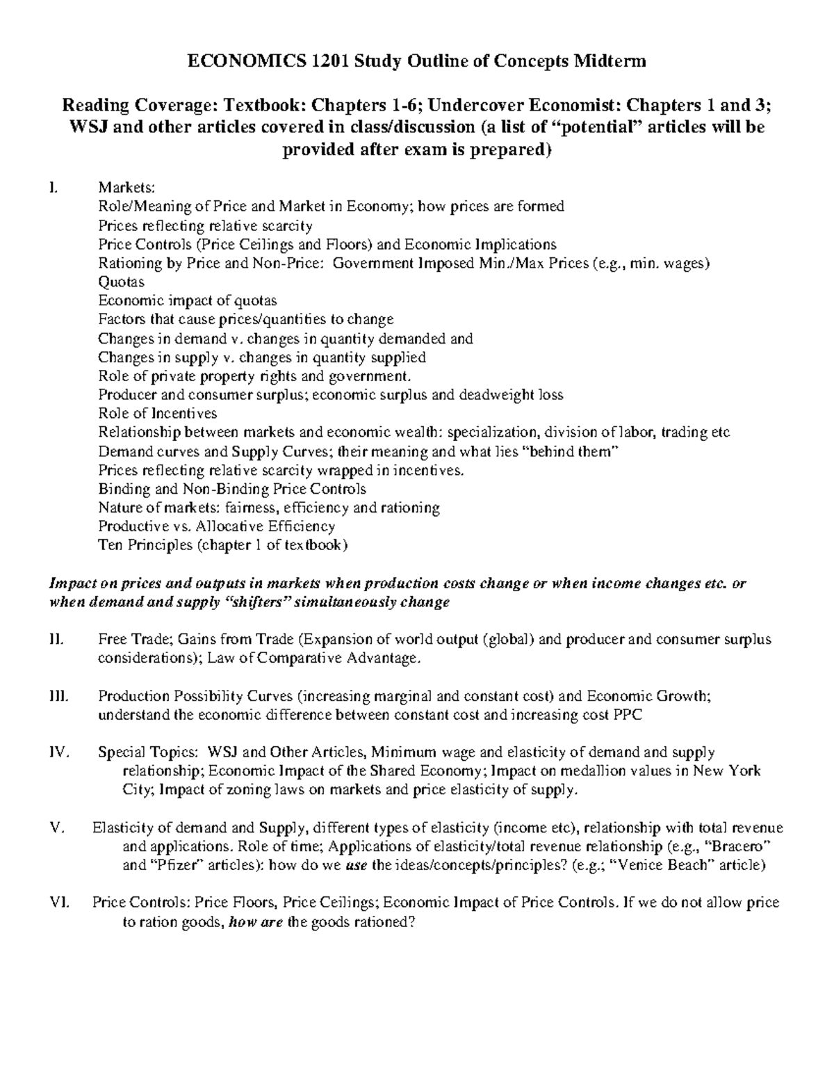 Economics 1201 Micro Fall 2018 Studyoutlineofconcepts Midterm