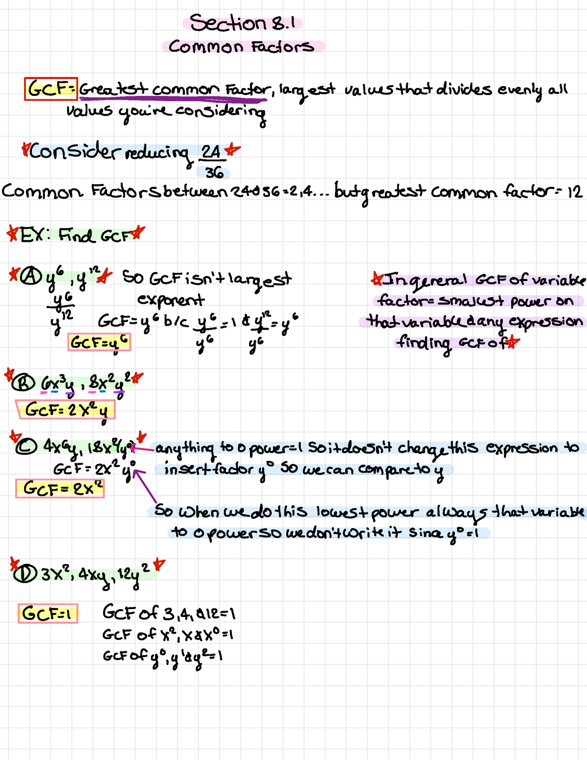 Elementary Algebra chapter 8 notes - Section8. Common Factors GCF ...