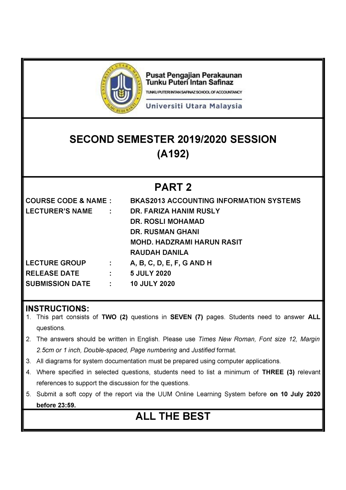 A192 Bkas2013 Part 2 Of Final Assessment Second Semester 2019 2020 Session A192 Studocu