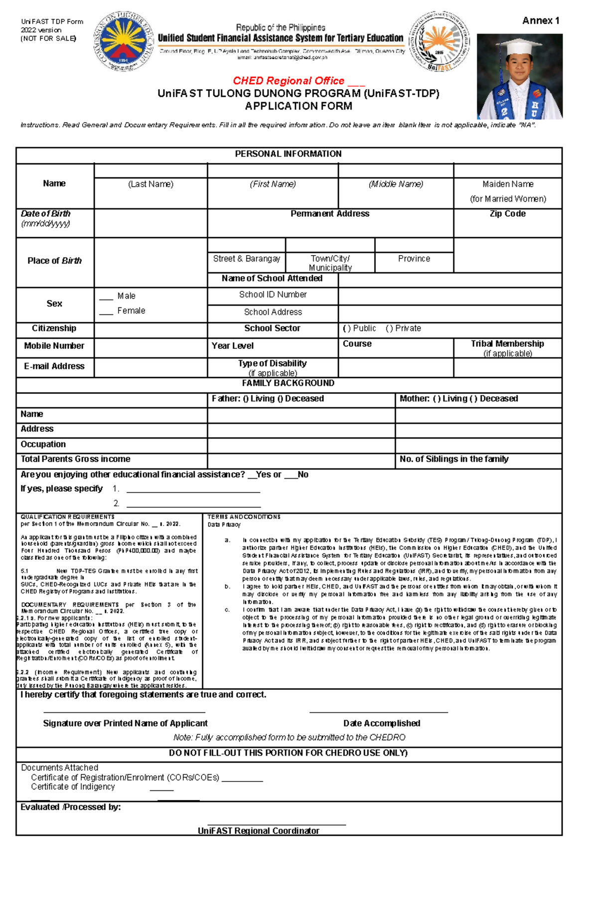 Annex 1 TDP Application Form New - UniFAST TDP Form Annex 1 2022 ...