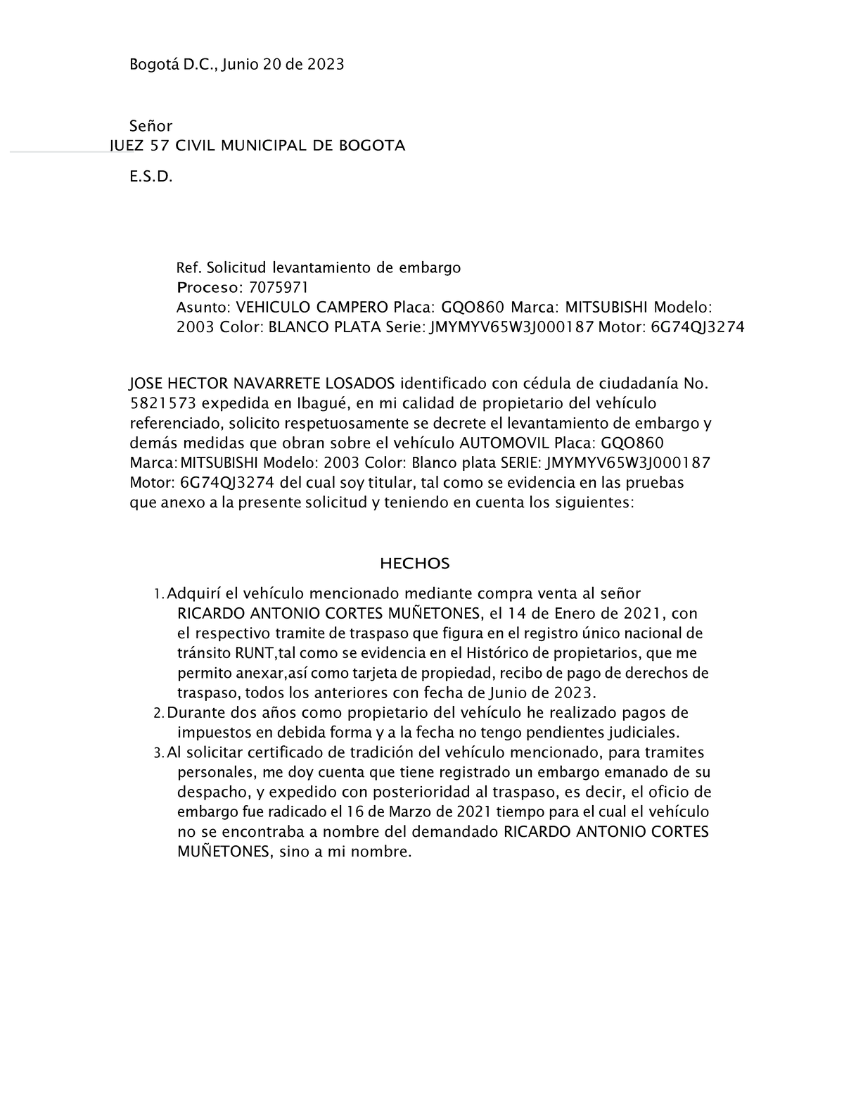 Pdf Solicitud De Levantamiento De Medidas Cautelares - Bogot· D., Junio ...