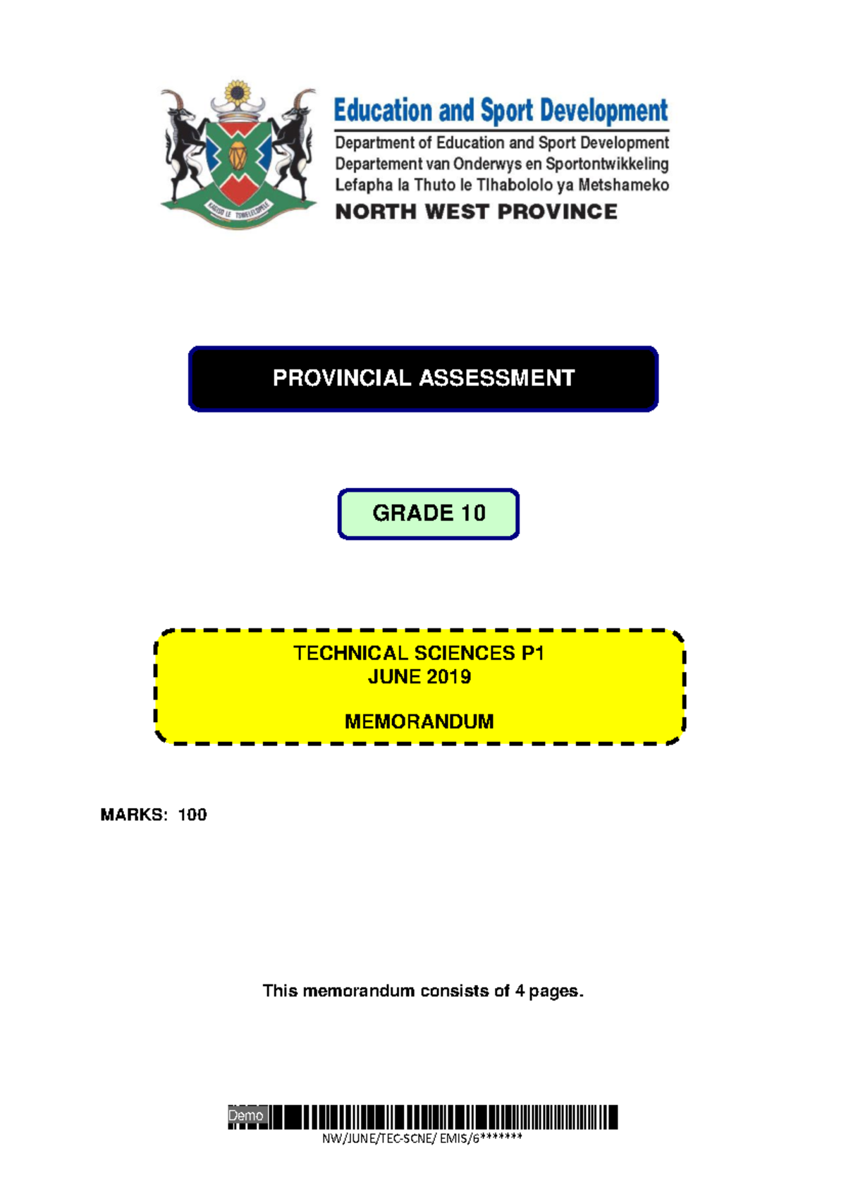 Technical science gr 10 memo demo marks 100 this memorandum consists