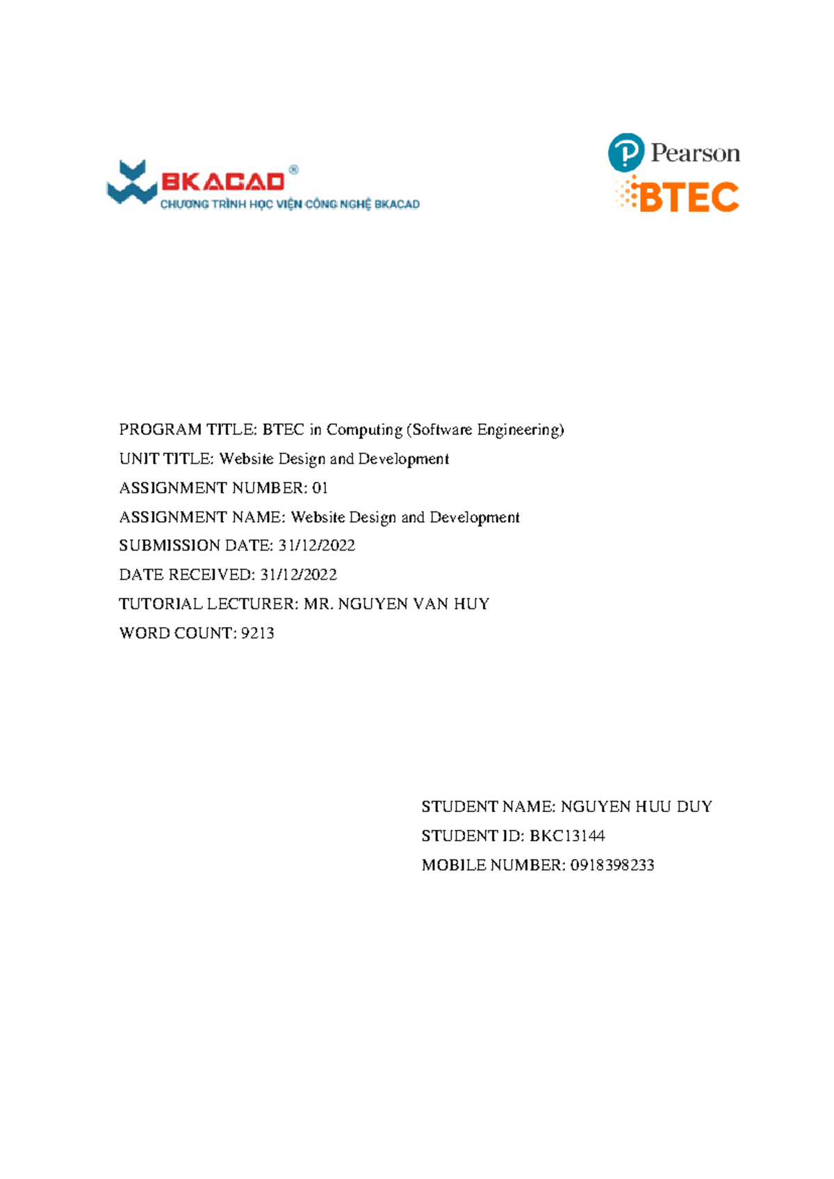 WEB Assignments 1 - PROGRAM TITLE: BTEC in Computing (Software ...