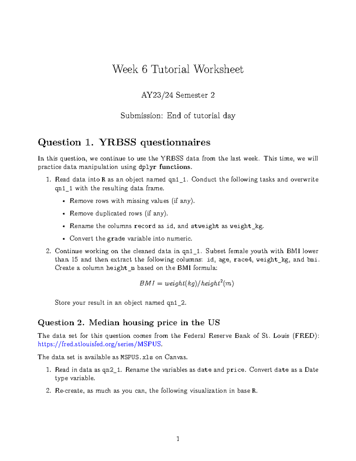 Tutorial Worksheet Wk6 - Week 6 Tutorial Worksheet AY23/24 Semester 2 ...