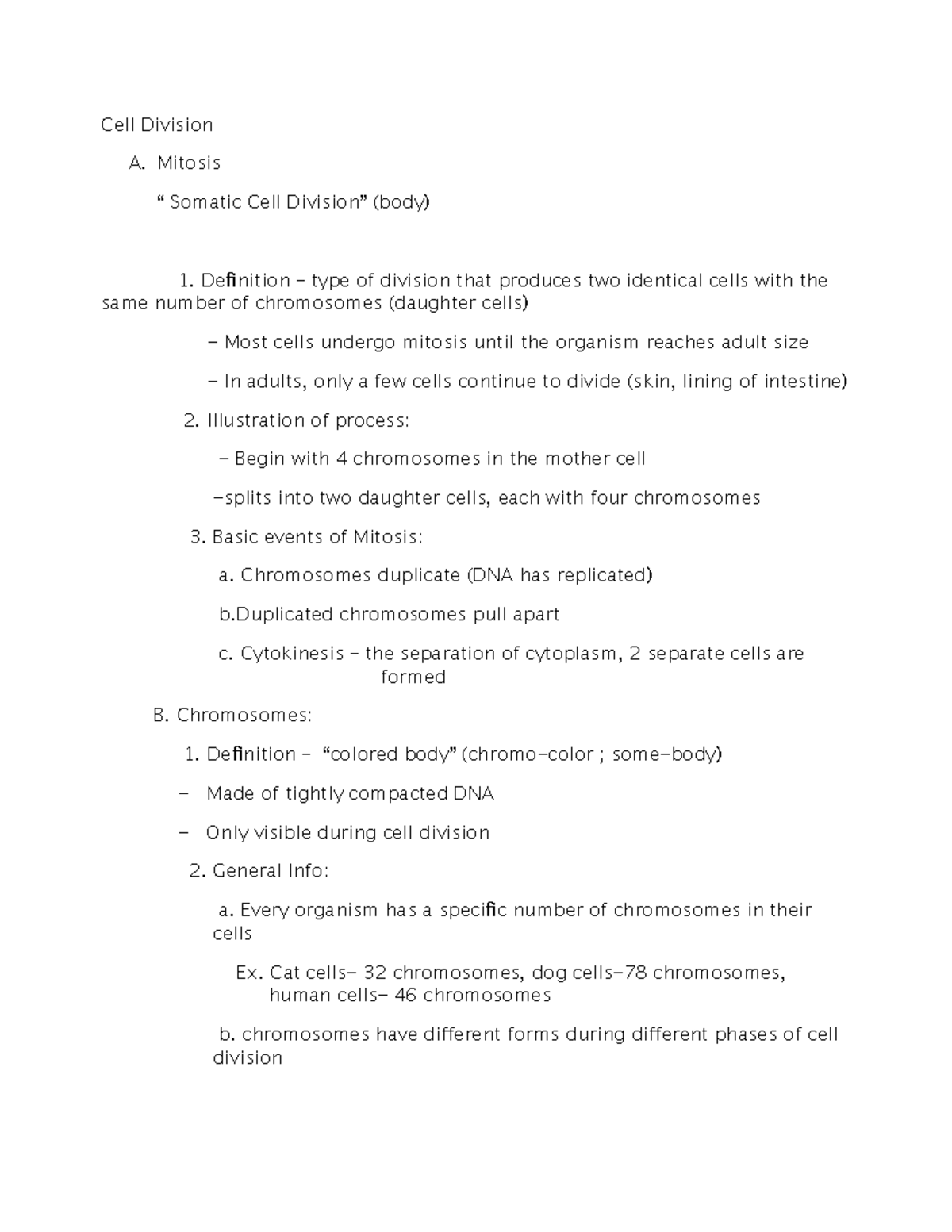 Cell divisionoutline 111 - Cell Division A. Mitosis Somatic Cell (body ...