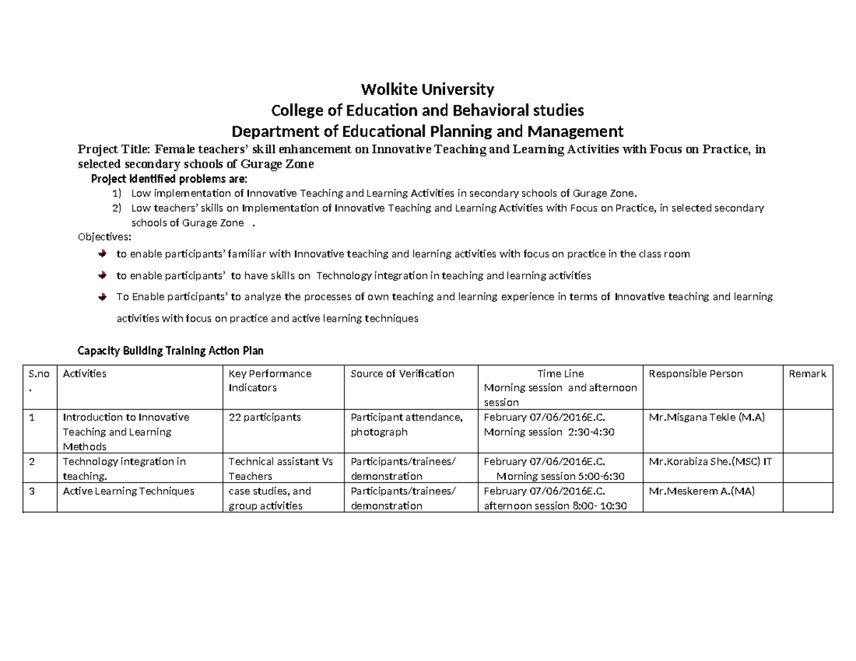Action Plan Revised l - Wolkite University College of Education and ...