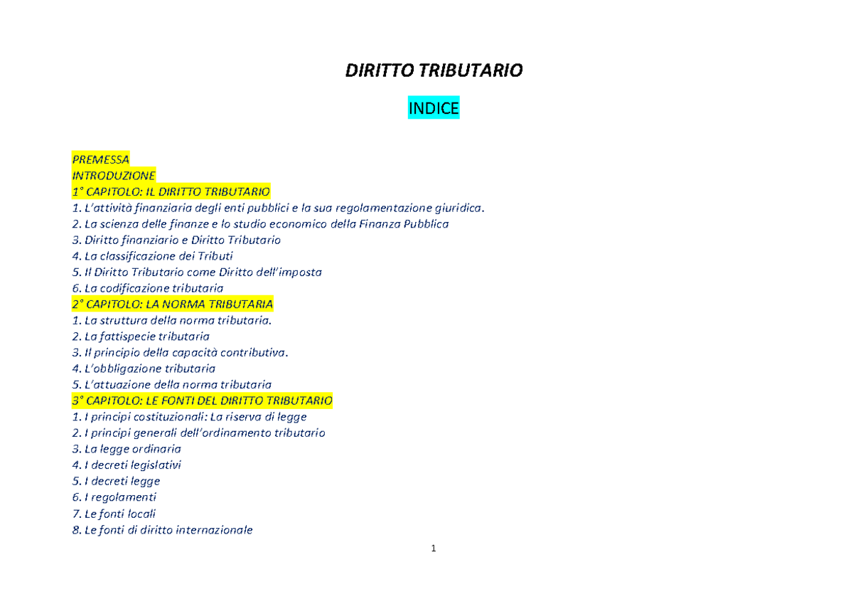 Diritto Tributario Programma di studio - DIRITTO TRIBUTARIO INDICE
