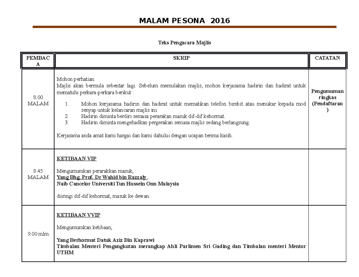 Teks Pengacara Majlis 1 - Teks Pengacara Majlis PEMBAC A SKRIP CATATAN ...