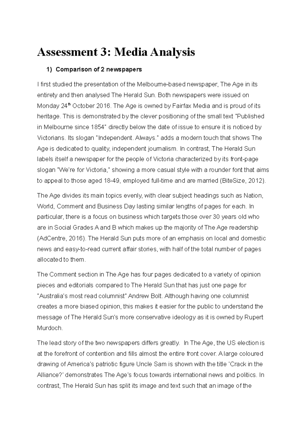 Final Assessment - Assessment 3: Media Analysis 1) Comparison of 2 ...