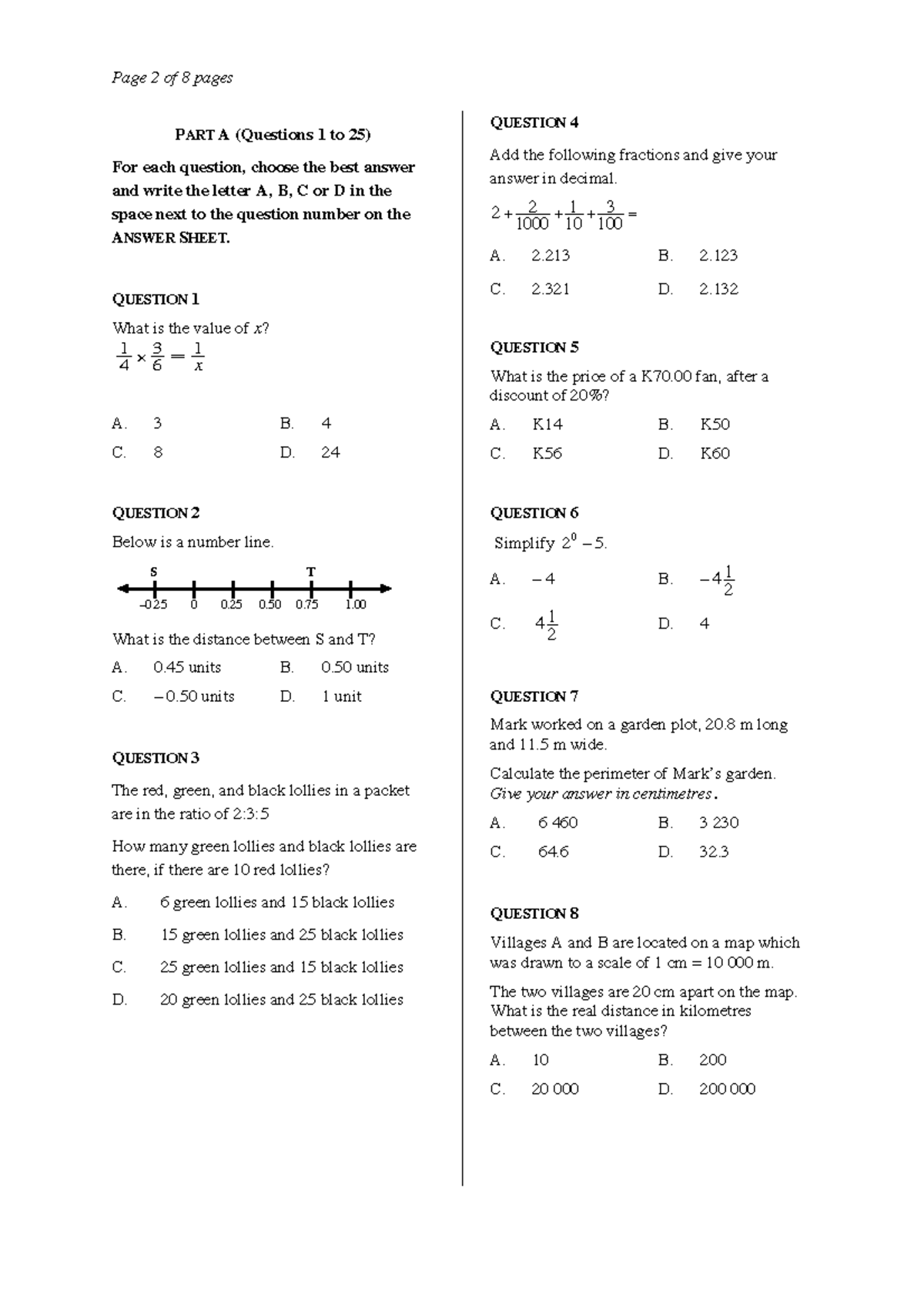 Exam-grade 08-2011-maths - PART A (Questions 1 to 25 ) For each ...