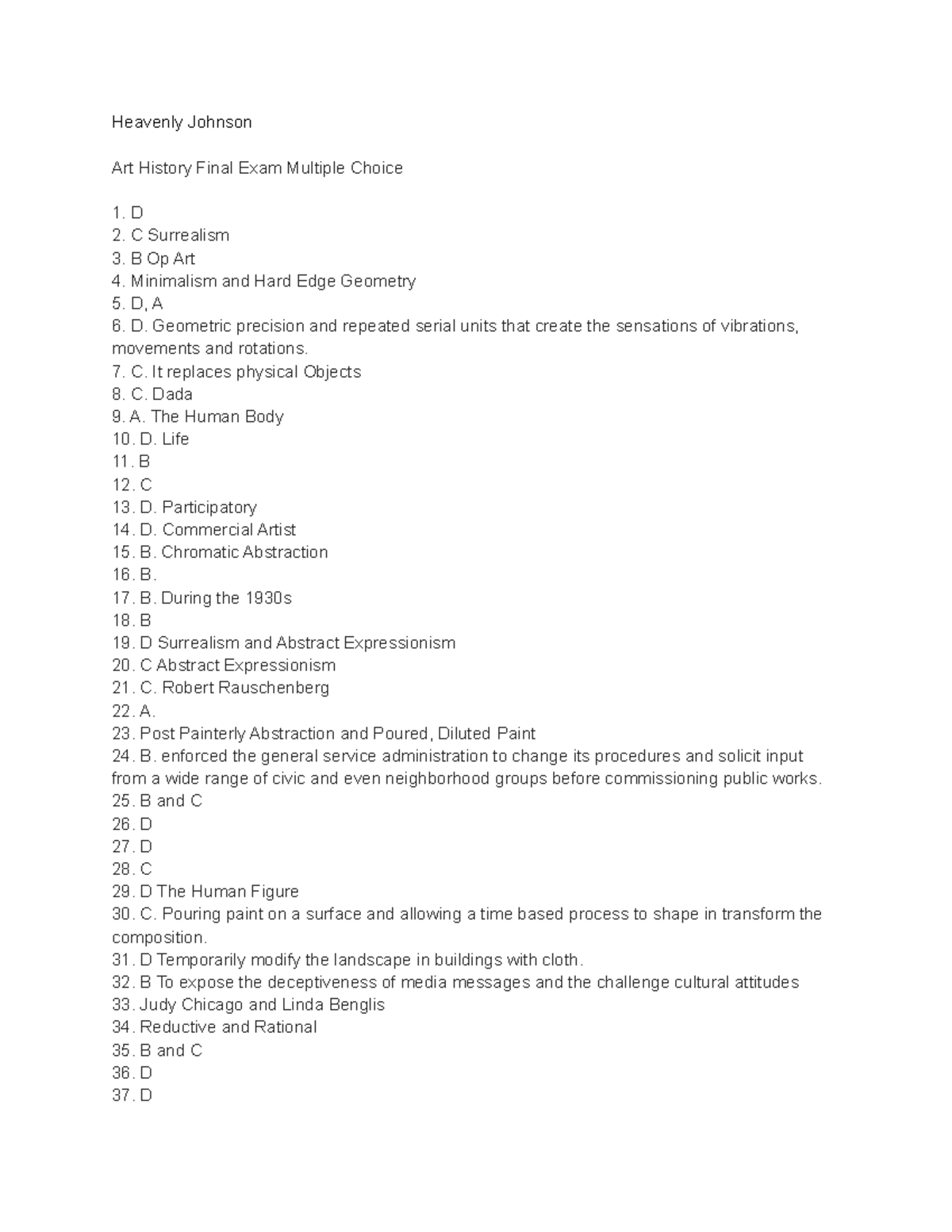 Heavenly Johnson Art History Multiple Choice Heavenly Johnson Art