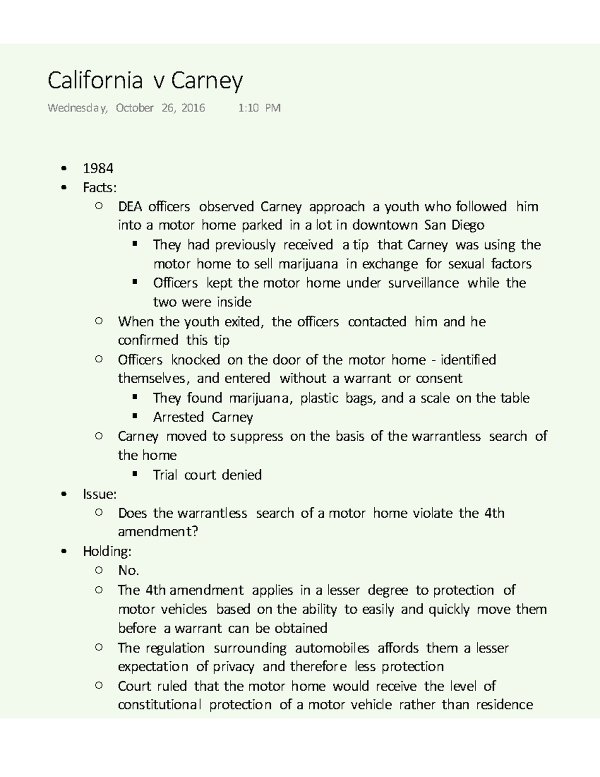 California v Carney Summary Criminal Procedure Investigating Crime