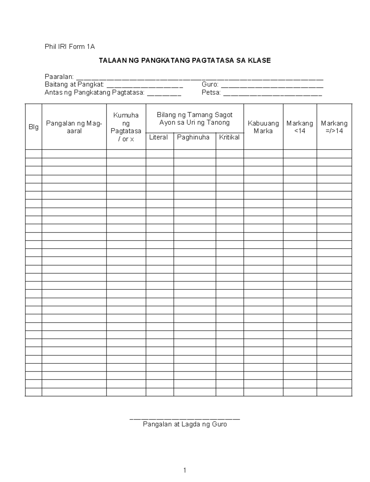 Phil-IRI-Forms - Guide - Phil IRI Form 1A TALAAN NG PANGKATANG ...