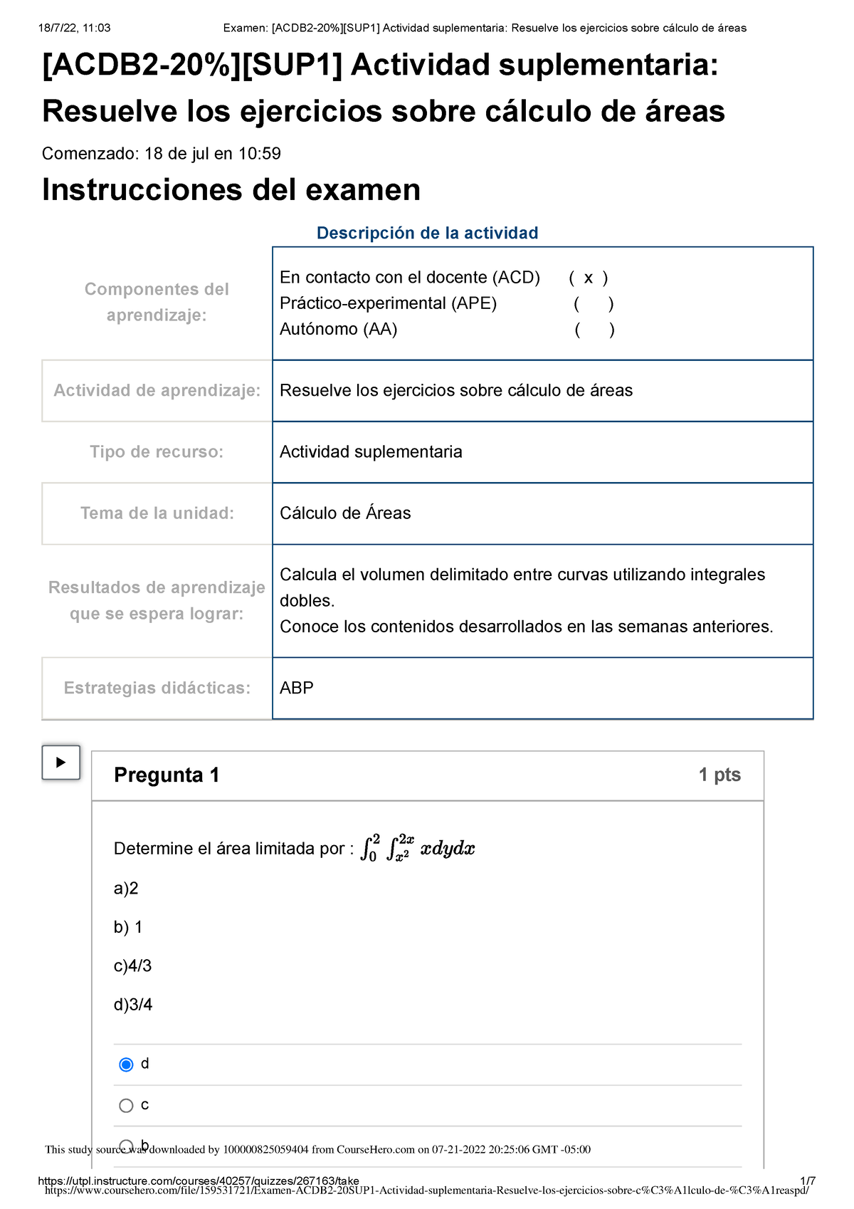 Examen Acdb Sup Actividad Suplementaria Resuelve Los Ejercicios Sobre C Lculo De Reas Studocu