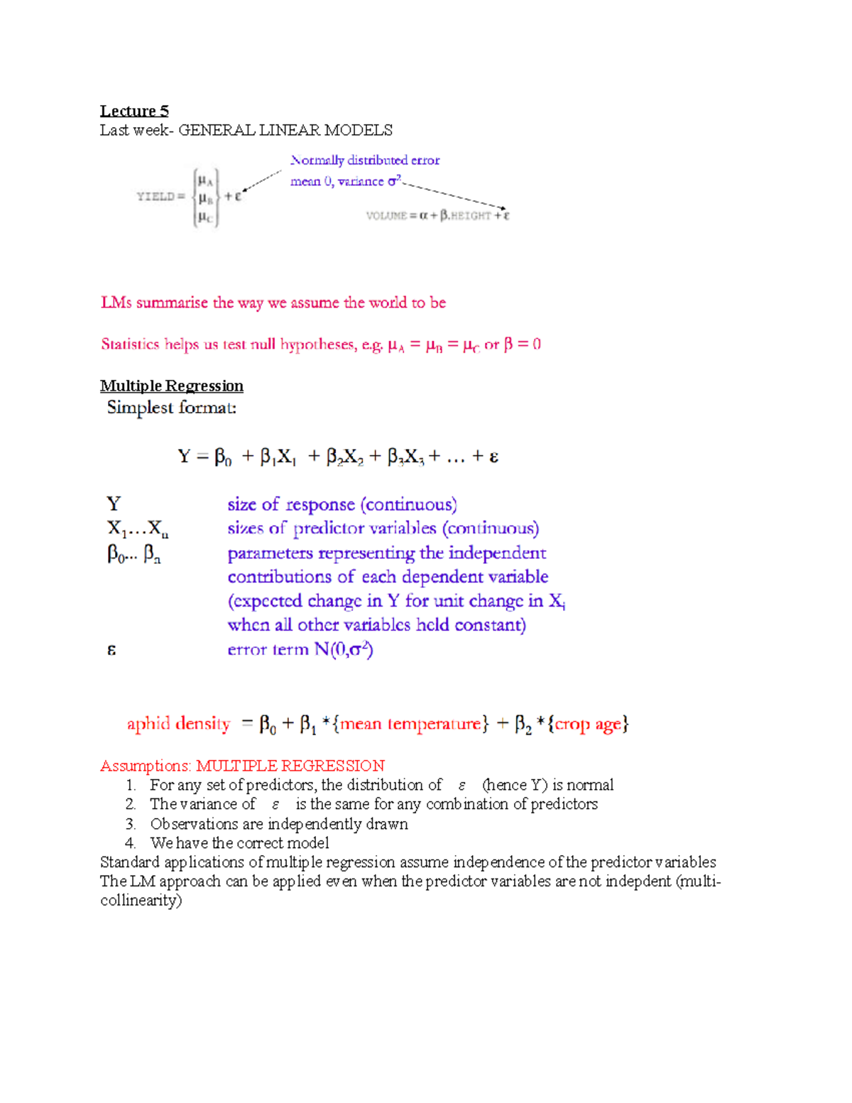 BIOL3604- Lecture 5 - winter - Lecture 5 Last week- GENERAL LINEAR ...