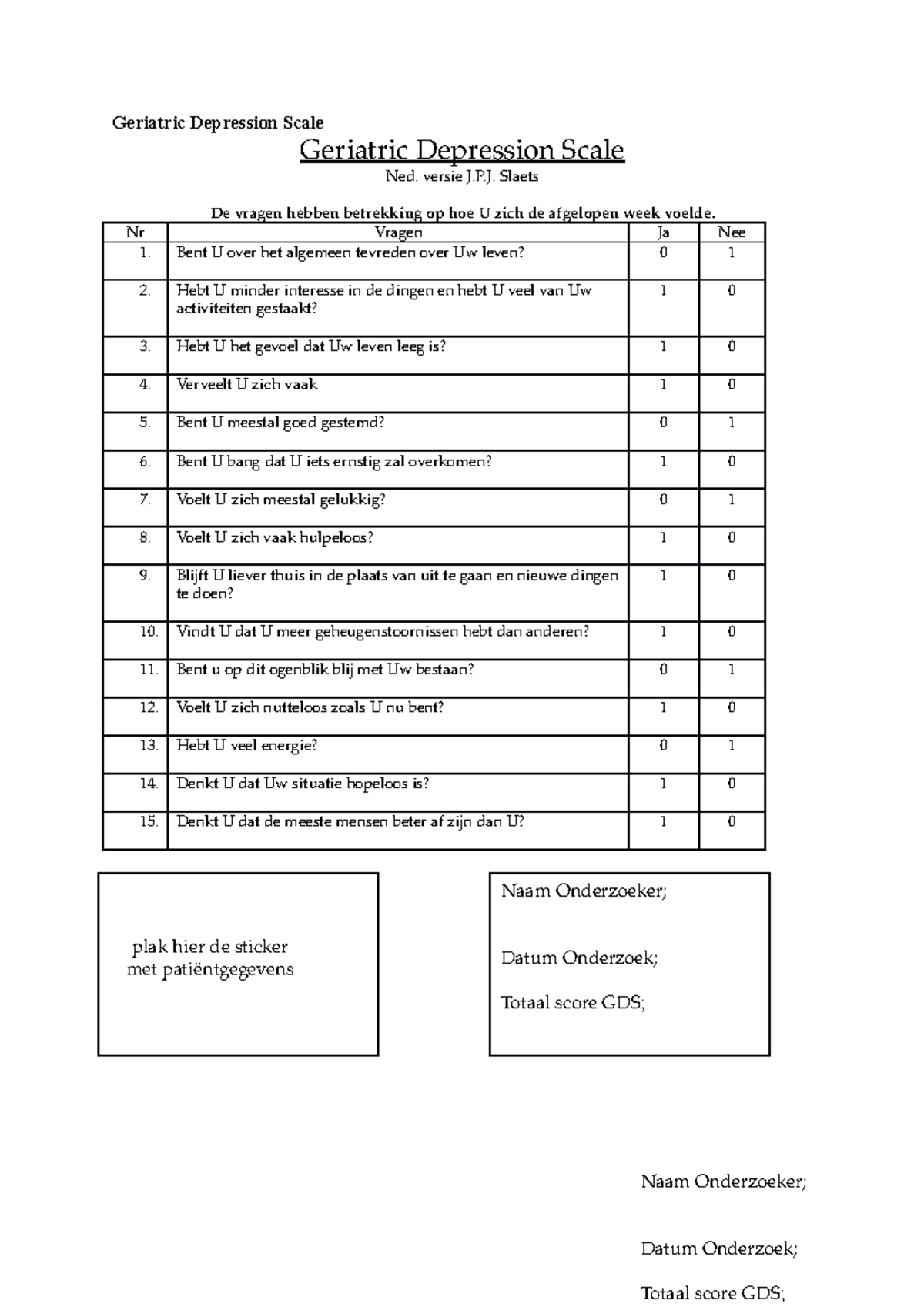 GDS-leeg - GDS - Geriatric Depression Scale Geriatric Depression Scale ...