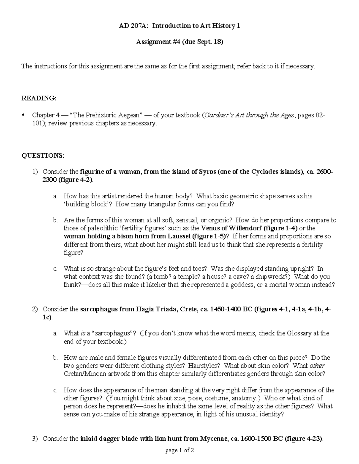 Assignment #4 (due Sept. 18) - Prehistoric Aegean - page 1 of 2 AD 207A ...