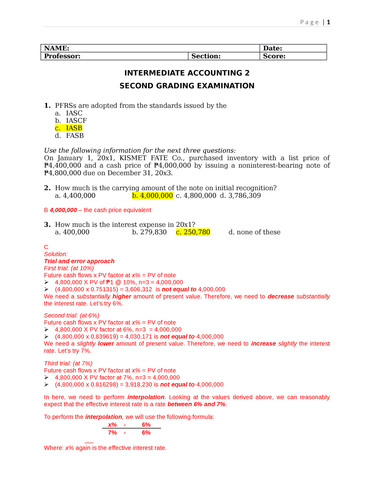 Intermediate Accounting 2 - Second Grading Examination - NAME: Date ...