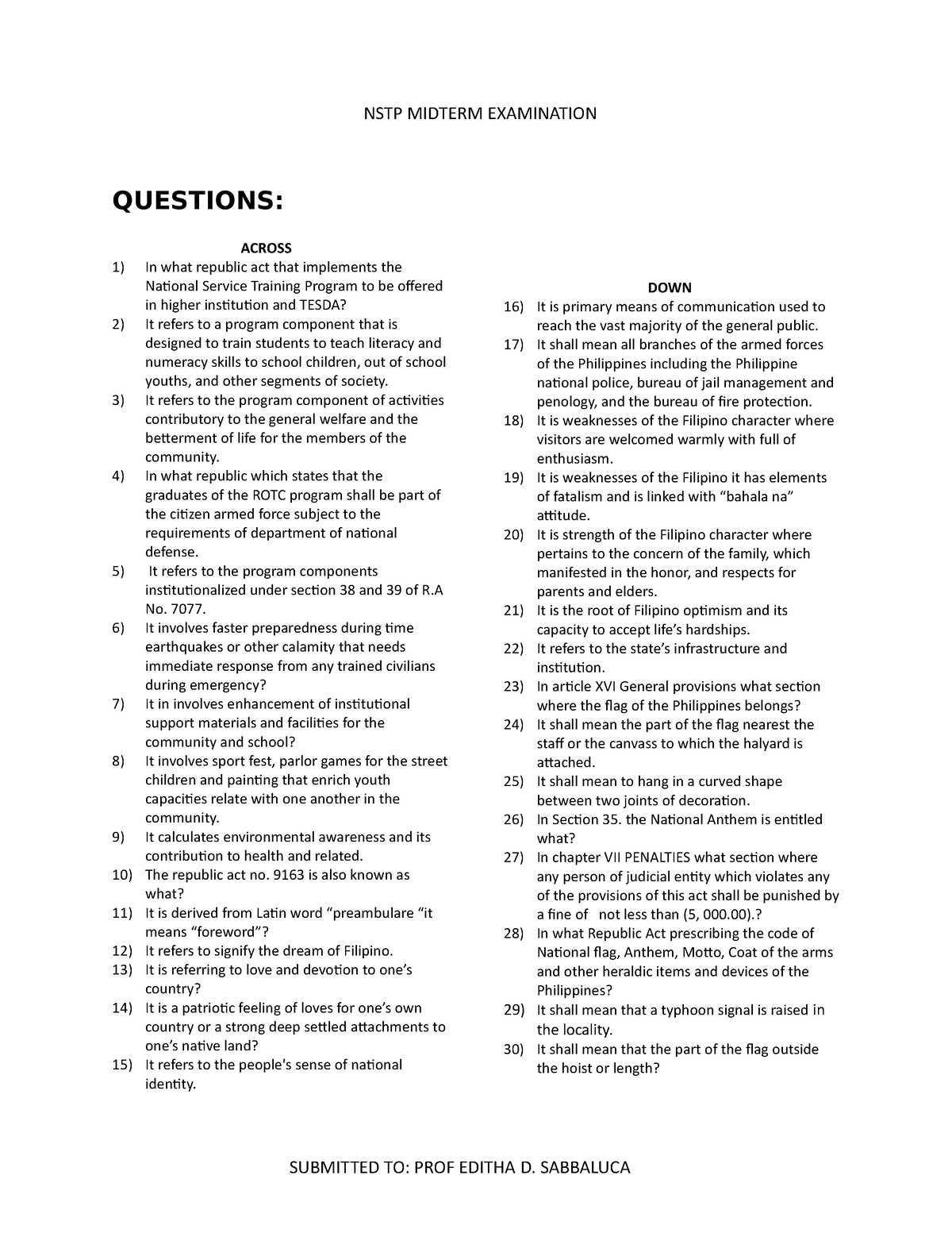 MM - Q And A - NSTP MIDTERM EXAMINATION QUESTIONS: ACROSS In What ...