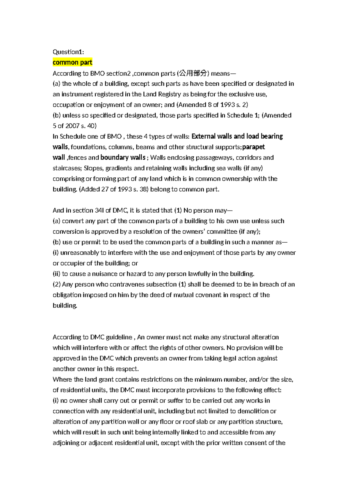 Property law open book - Question1: common part According to BMO ...