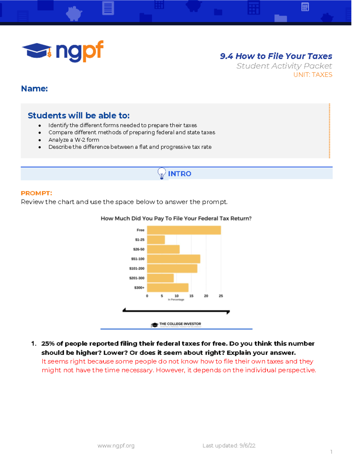 9 - Student work packet - ngpf Last updated: 9/6/ 9 How to File Your ...