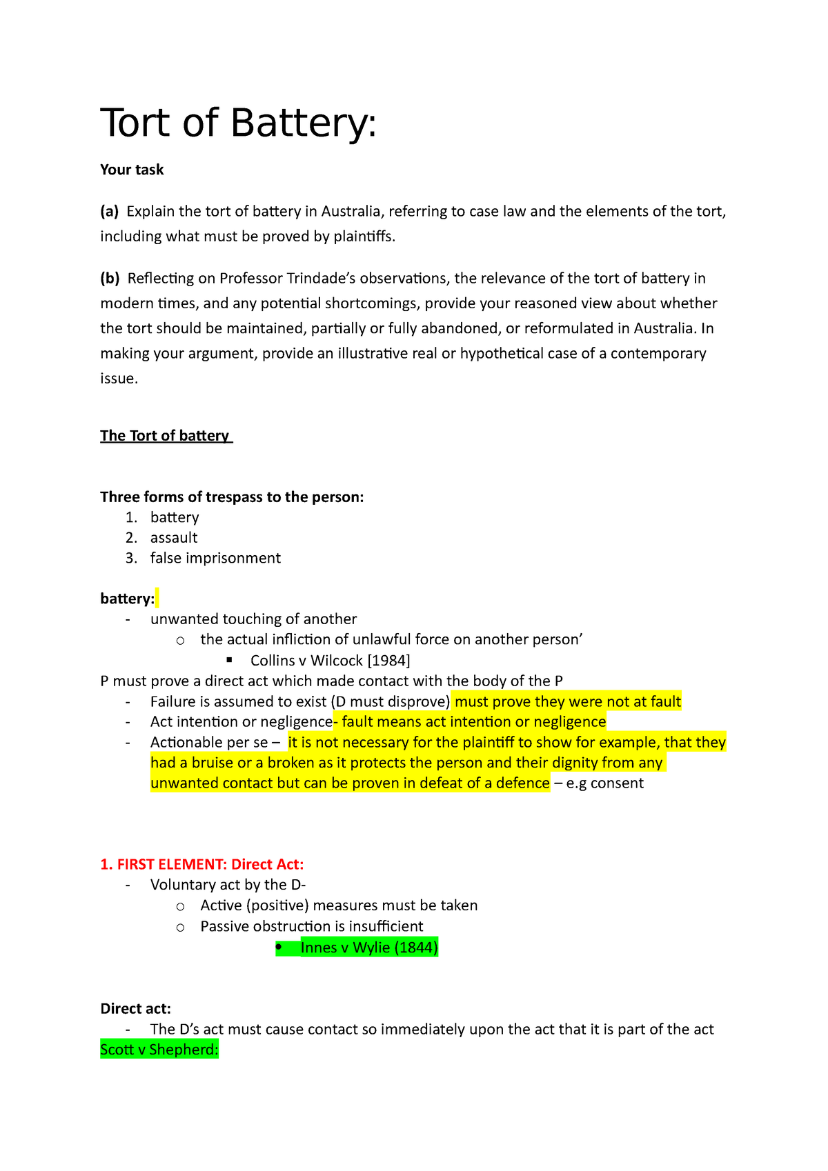 Tort of Battery LLB 240 UOW Studocu