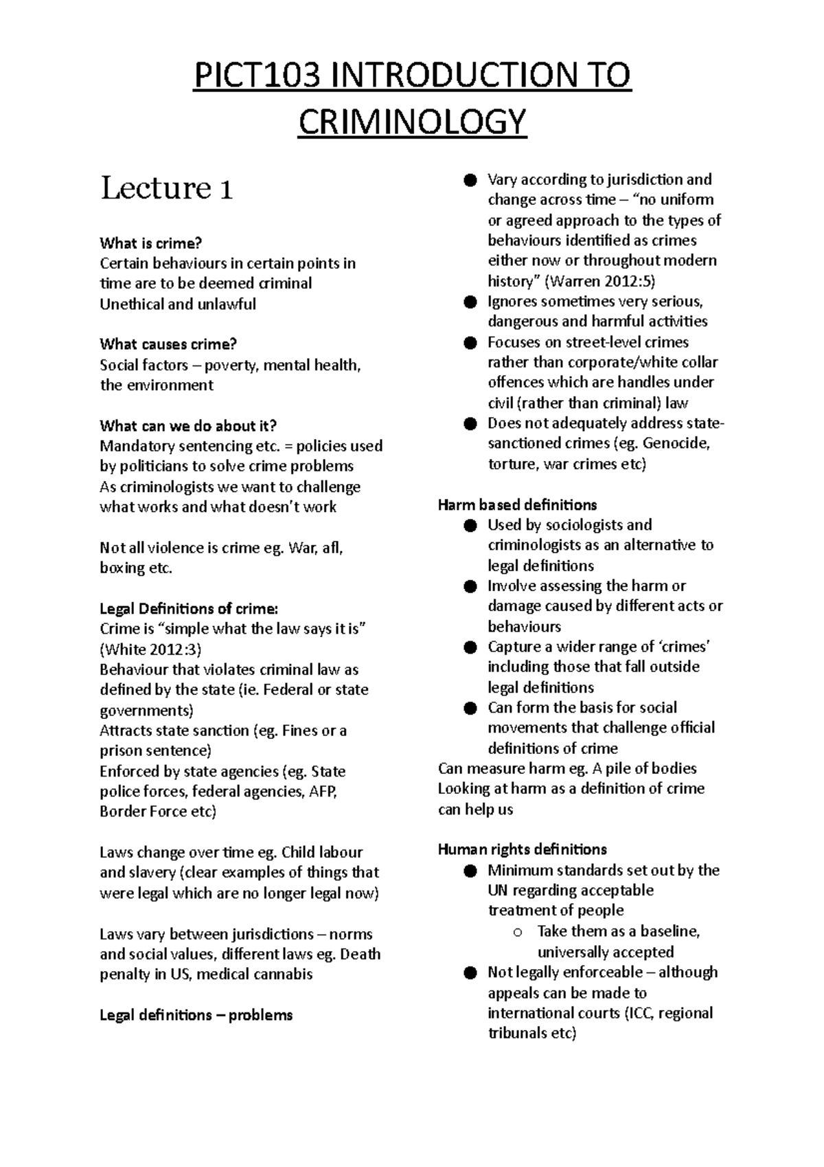PICT103 Complete Lecture Notes 2018 - CRIMINOLOGY Lecture 1 What is ...
