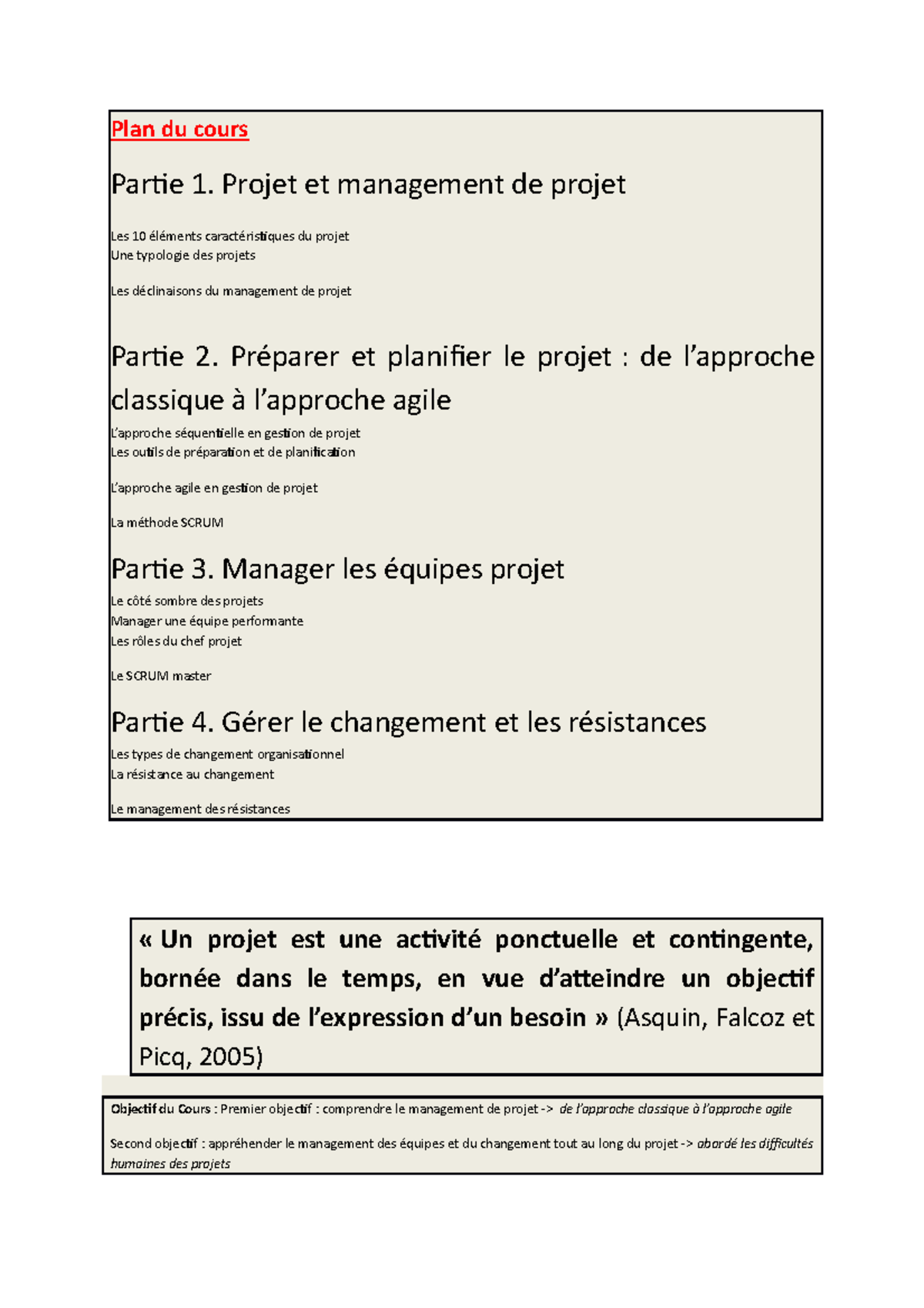 Chapitre 1 GP - Notes de cours 1 - Plan du cours Partie 1. Projet et ...