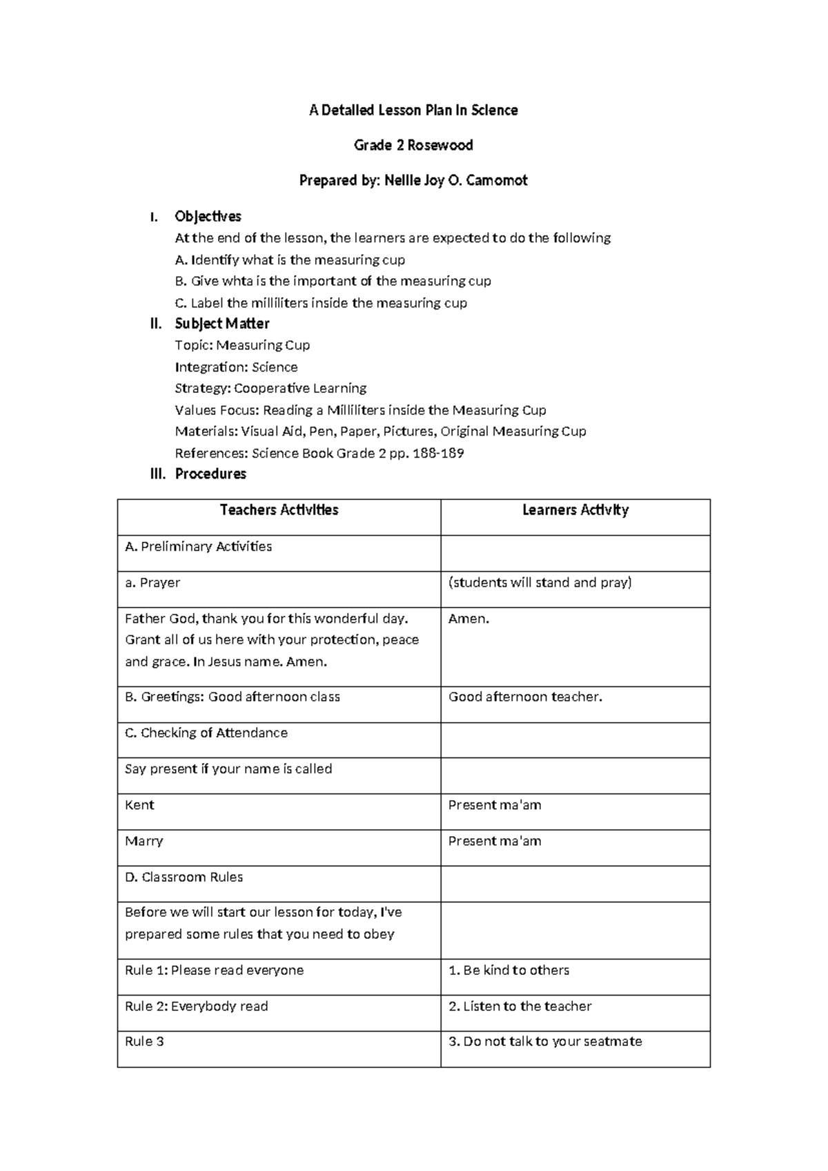 Science - Nellie Joy Camomot - A Detailed Lesson Plan in Science Grade ...