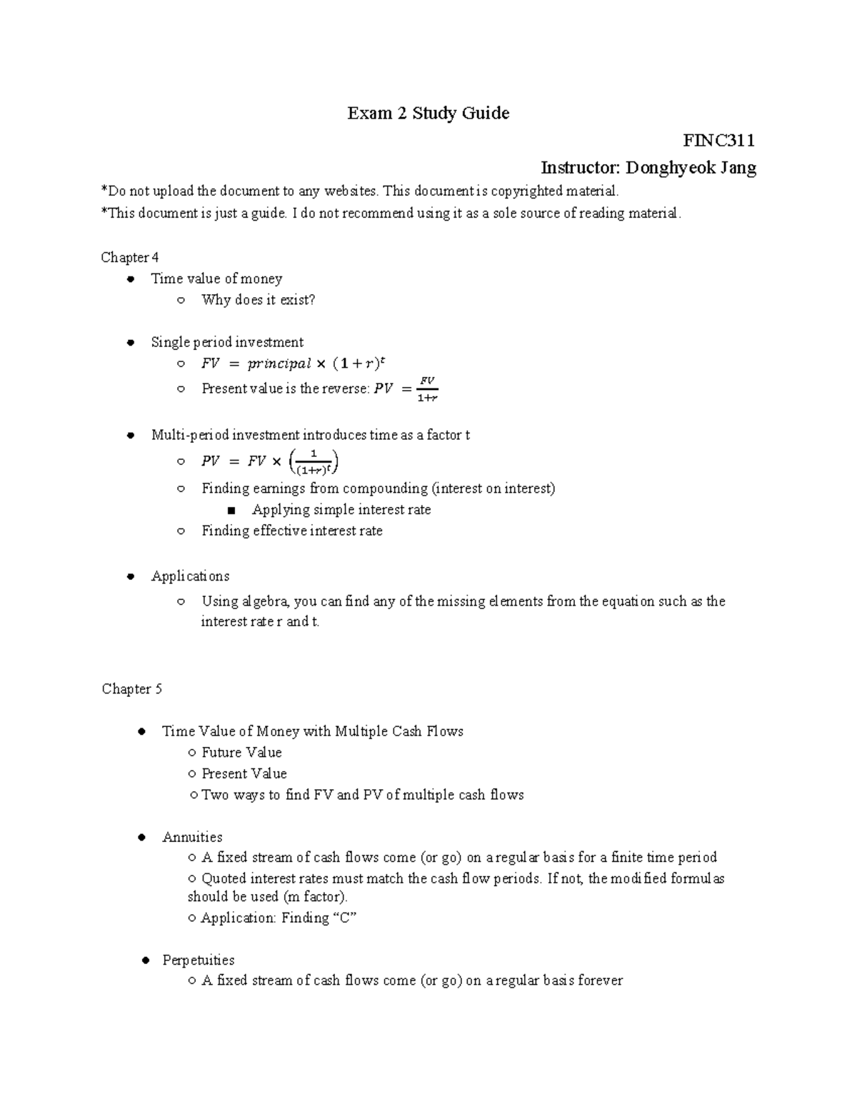 Exam 2 Study Guide - Notes - Exam 2 Study Guide FINC Instructor ...