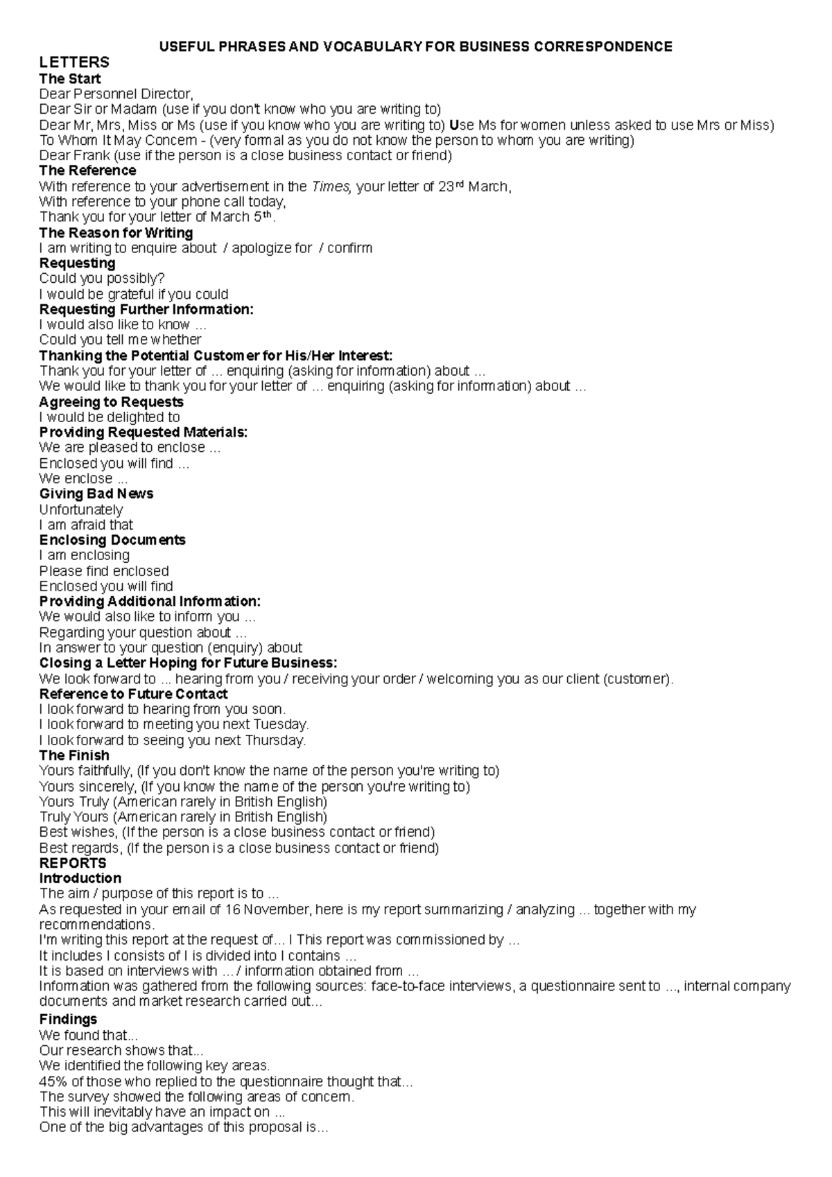 Business writing vocabulary USEFUL PHRASES AND VOCABULARY FOR