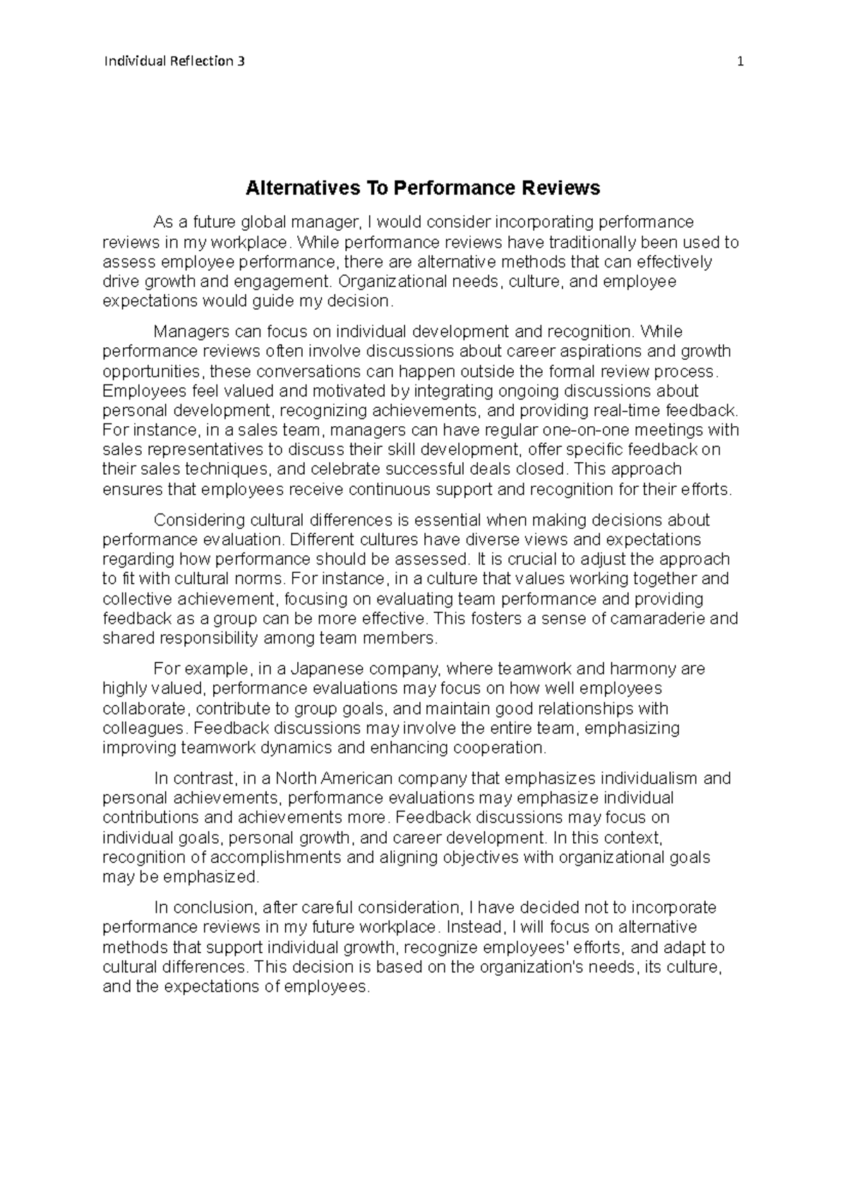 Reflection 3 - Hrm assignment - Individual Reflection 3 1 Alternatives ...