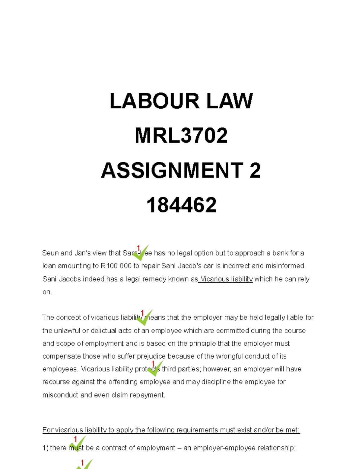 MRL3702 PASS - MANDATORY ASSIGNMENT ONE 90% PASS - LABOUR LAW MRL ...